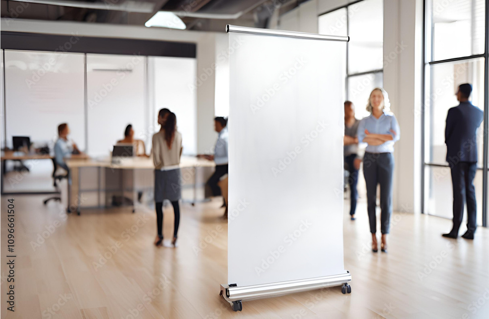 An empty roll-up display stands in a modern office with blurry people in the background, ready for advertising content An empty roll-up display stands in a modern office with blurry people in the background, ready for advertising content