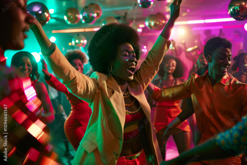 Obraz premium People dancing under disco balls with colorful lights and vibrant nightlife