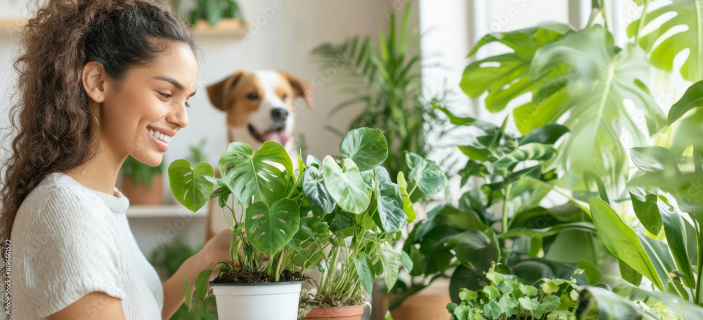 Smiling young woman tending houseplants in bright room with happy dog in background