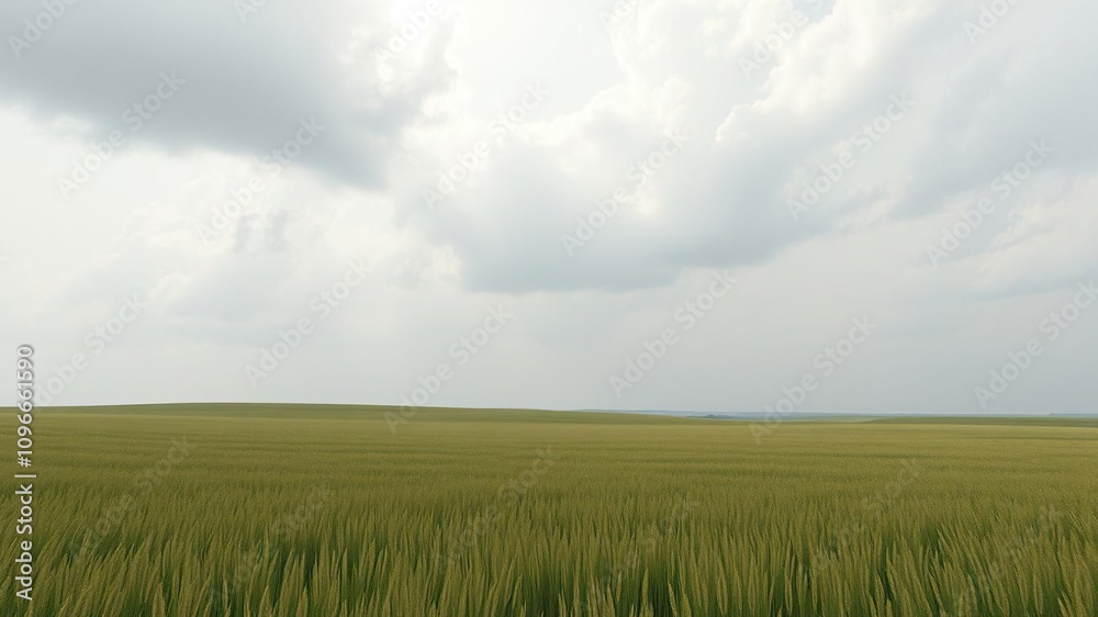 Obraz premium Serene and peaceful atmosphere in an open field on a cloudy day, green fields, cloudy sky, landscape