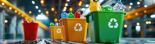 Colorful Recycling Bins with Bottles in a Modern Waste Management Facility