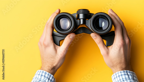 Man's hands holding binoculars against a vibrant yellow background; searching, exploring, discovery concept.