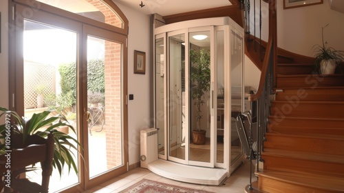 Modern interior with compact residential elevator, wooden staircase and plants enhancing contemporary design concept