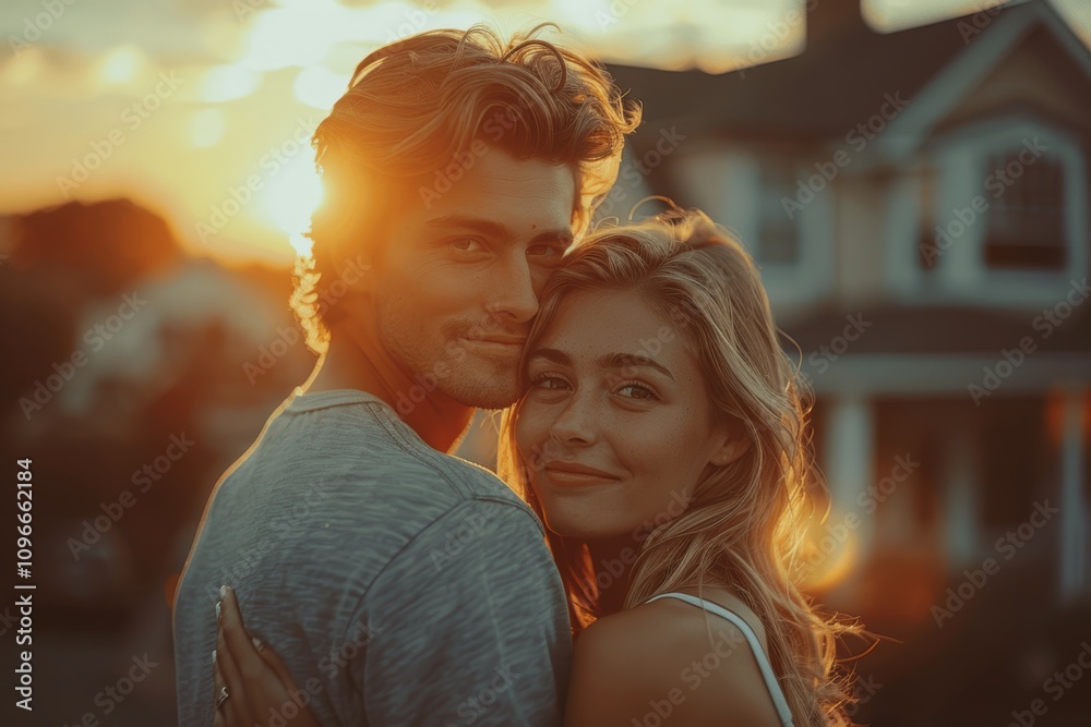Young couple hugging in front of modern new home at sunset, rear view. Dream home purchase, mortgage concept. Young couple hugging in front of modern new home at sunset, rear view. Dream home purchase, mortgage concept.