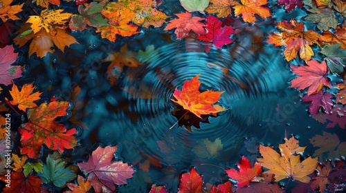 Colorful autumn leaves floating on dark water, one leaf in the center creating ripples. photo