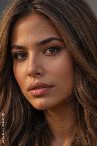 Beautiful Woman With Long Hair Gazing Directly at the Camera in Natural Light. Generative AI