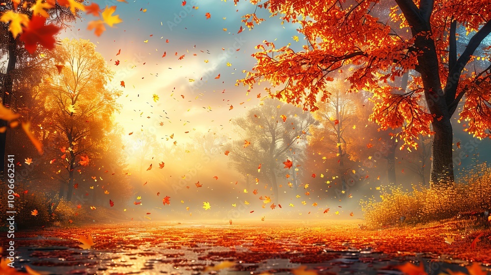 Fototapeta premium Scenic landscape with golden autumn leaves falling from trees