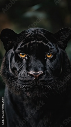 Witness the captivating presence of a black tiger with glowing eyes, captured against a dark minimalist background, revealing its majestic contours