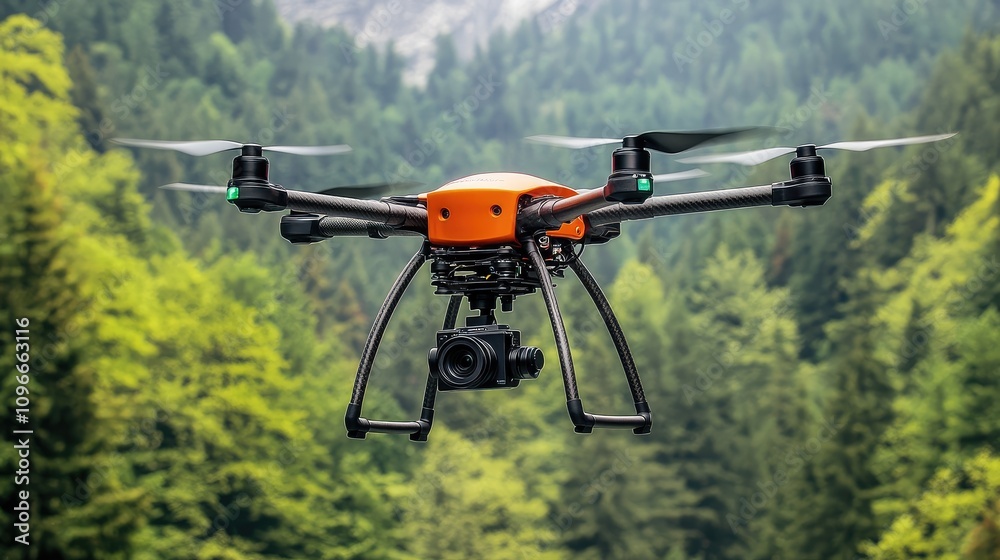 Aerial view of a camera drone soaring above a dense forest, capturing vibrant greenery below Aerial view of a camera drone soaring above a dense forest, capturing vibrant greenery below