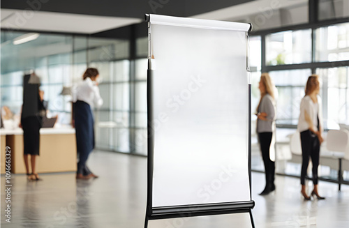 An empty roll-up display stands in a modern office with blurry people in the background, ready for advertising content