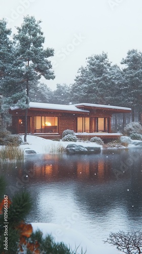 A beautiful wooden house by a snowy lake offers warmth from a fireplace and stunning views of a winter forest through large windows