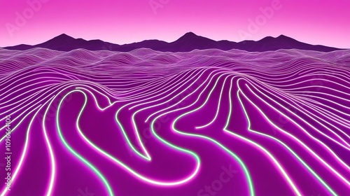 Abstract neon landscape with glowing purple, pink lines, futuristic background, digital wave, vibrant horizon, digital art concept