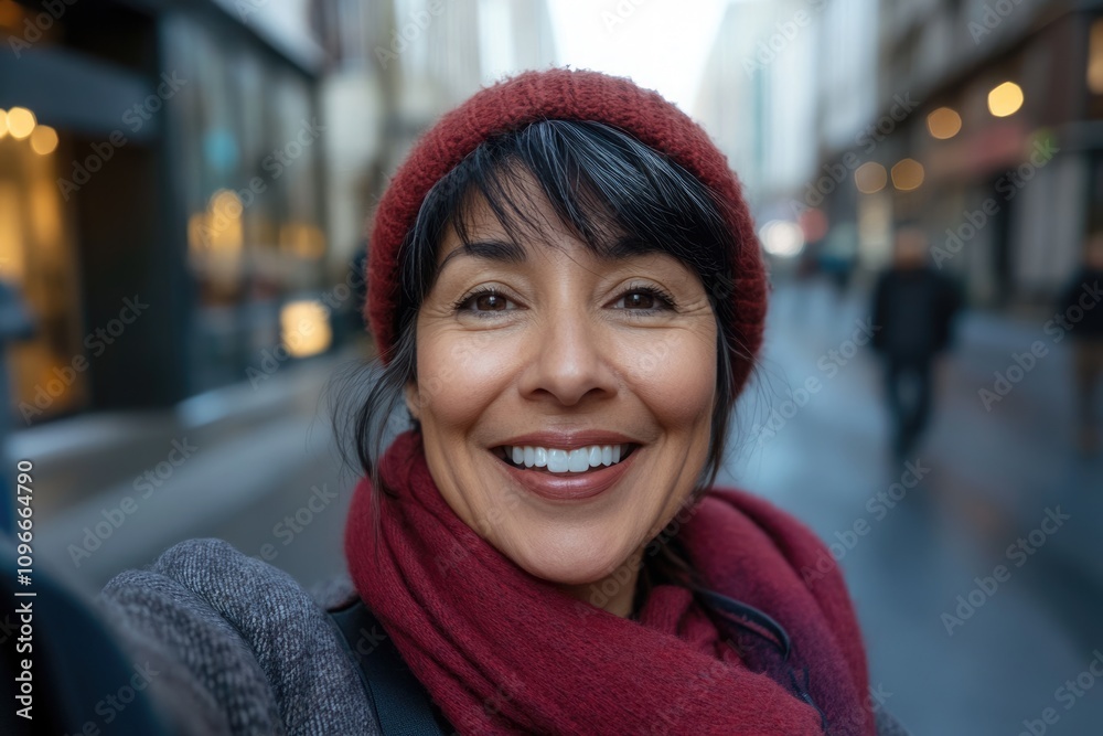 Middle age hispanic woman smiling confident making selfie by camera at street Middle age hispanic woman smiling confident making selfie by camera at street