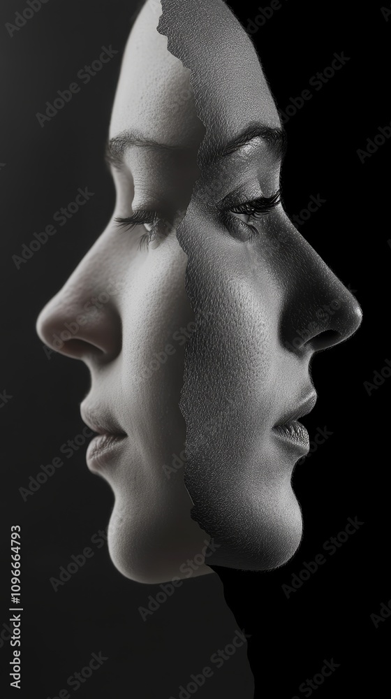 Artistic Composition of Dual Female Faces, duality, 2 fase from 1 person, psychology, personality, Split personality. Artistic Composition of Dual Female Faces, duality, 2 fase from 1 person, psychology, personality, Split personality.
