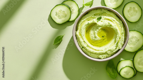 A bowl of creamy cucumber hummus garnished with olive oil is surrounded by freshly sliced cucumbers on a light green surface, emphasizing health and freshness. photo