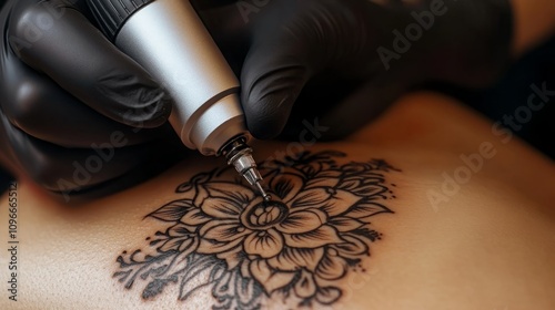 Close-up of a tattoo artist in black gloves using an electric tattoo machine to create intricate floral designs on a woman's skin, captured in a professional tattoo parlor with focus on the artist's h