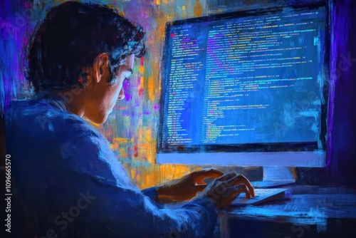 A person coding on a computer, illuminated by colorful screen light. photo