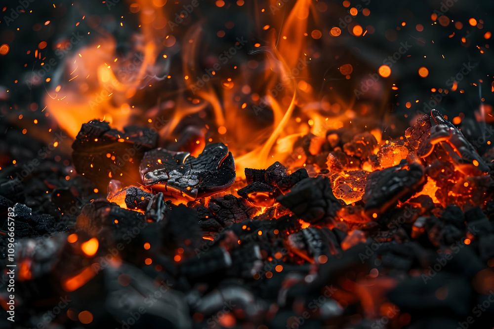 Fiery embers and particles over a black background, creating a very dark atmosphere, in a close-up shot.