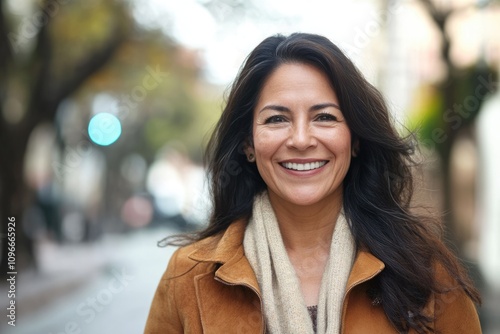 Confident middle aged Hispanic woman smiling on street.