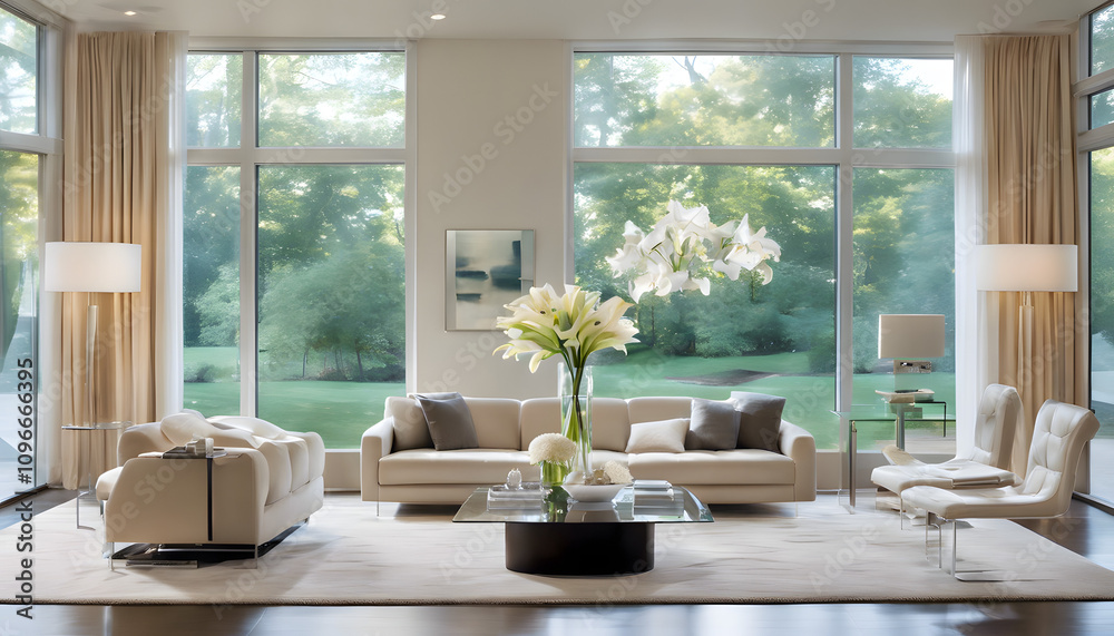 Fototapeta premium A spacious modern living room with neutral-colored