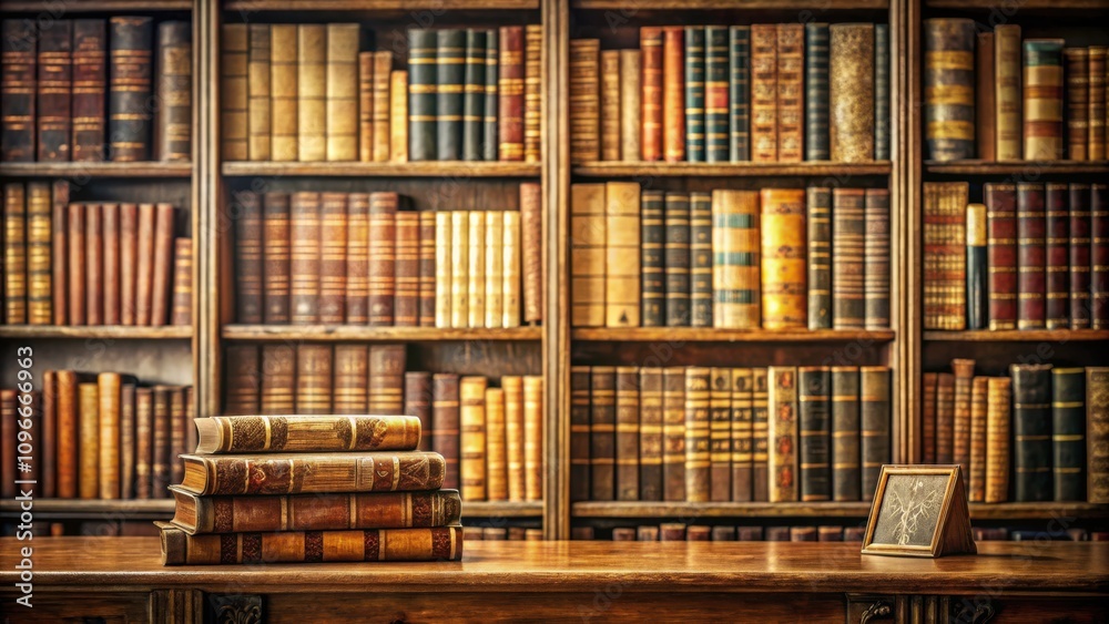 A Stack of Aged Books Rests on a Wooden Table Before a Wall of Vintage Bookcases Filled with Bound Volumes A Stack of Aged Books Rests on a Wooden Table Before a Wall of Vintage Bookcases Filled with Bound Volumes