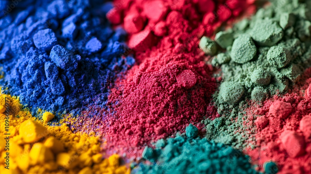 Bright chemical powders in shades of red, blue, green, and yellow, captured in a close-up view that showcases their fine granular texture and the vivid, saturated hues.