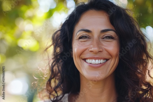 Happy confident middle aged Hispanic woman outdoors on sunny day.