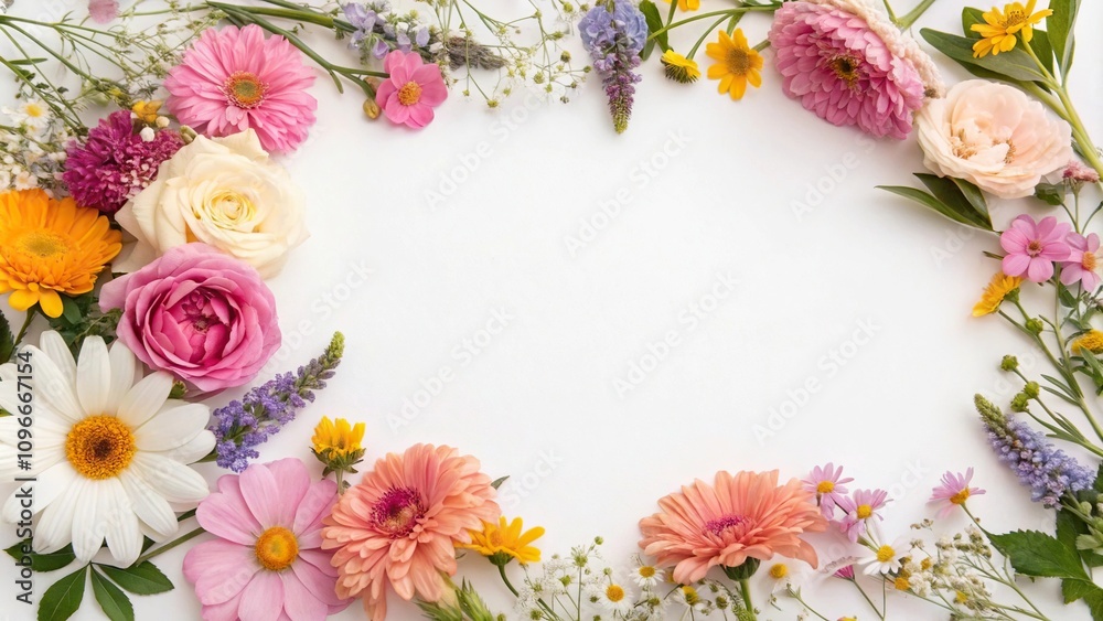 Fototapeta premium A delicate and intricate floral design featuring many colorful flowers, garden flowers, botanical illustration, petal arrangements
