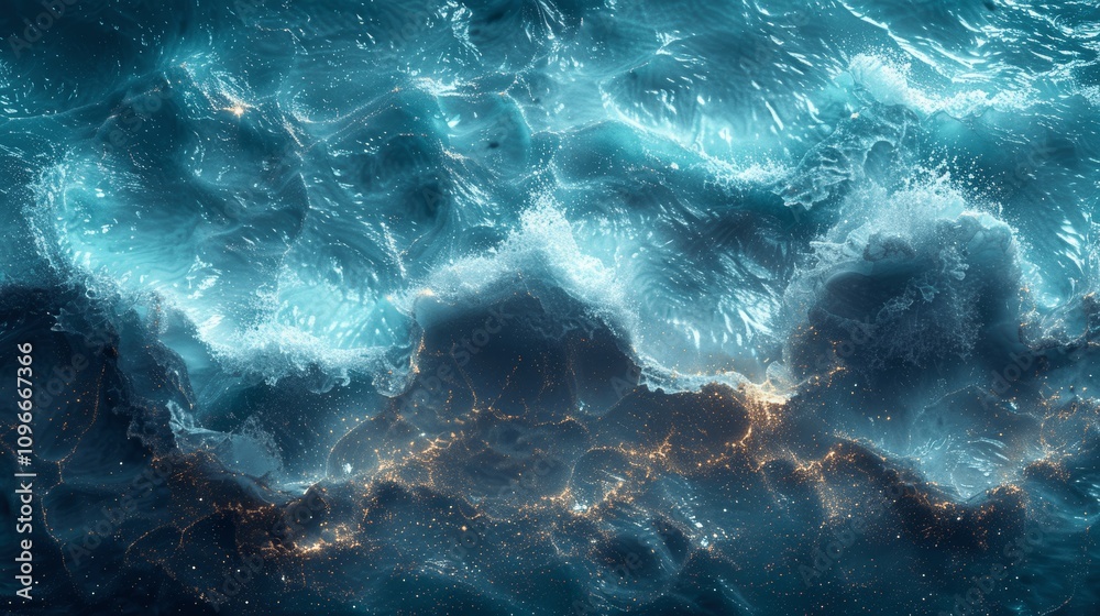 Blue and Green Glitter Texture Abstract Background with Golden Particles and Defocused Shiny Ocean Waves