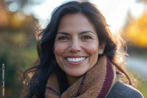 Happy confident middle aged Hispanic woman outdoors on sunny day.