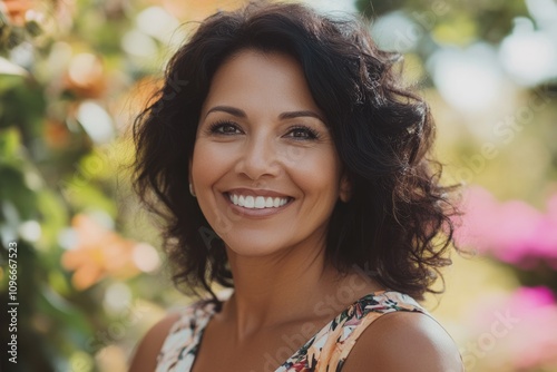 Happy confident middle aged Hispanic woman outdoors on sunny day.