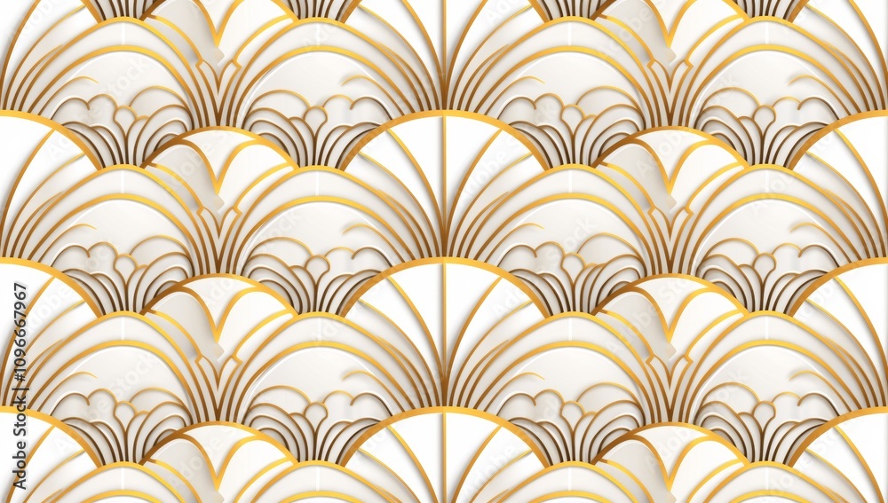 Seamless white background golden line art deco pattern with arches and fans, geometric retro style, vector illustration Seamless white background golden line art deco pattern with arches and fans, geometric retro style, vector illustration