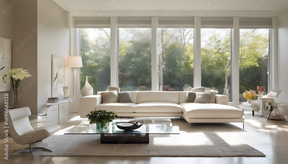 Fototapeta premium A contemporary living room with a spacious, open large window