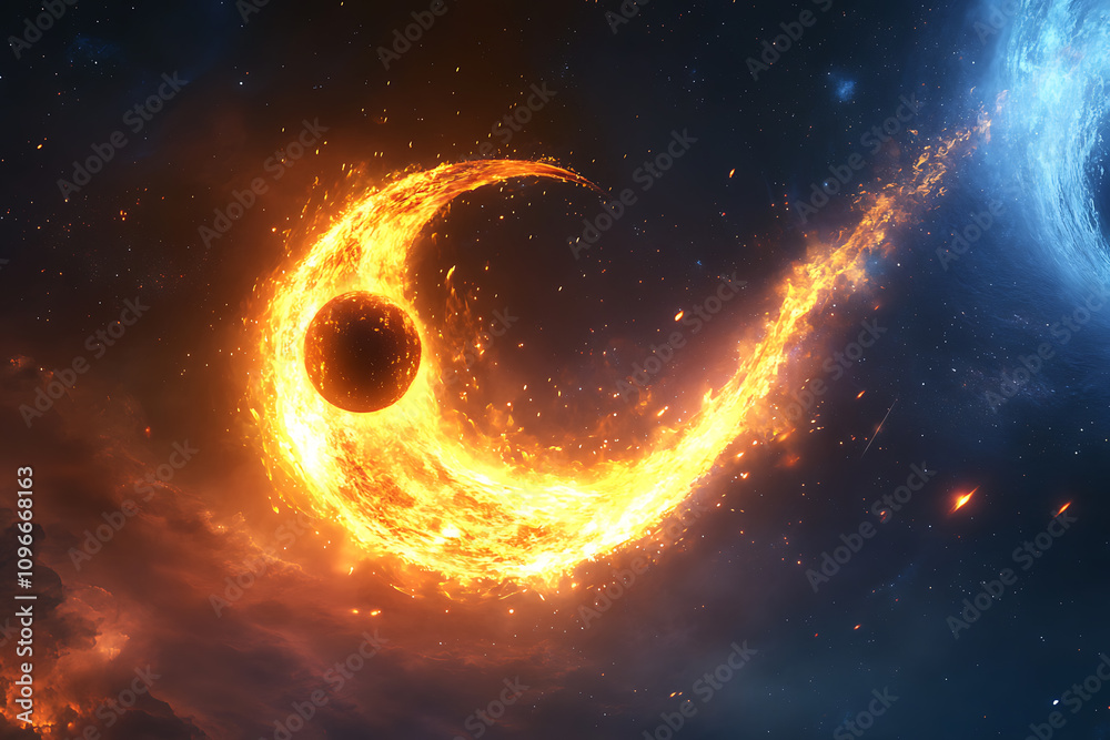 The Yin Yang symbol reimagined as a glowing shooting star, moving dynamically through the vastness of space, leaving a trail of cosmic energy behind. The Yin Yang symbol reimagined as a glowing shooting star, moving dynamically through the vastness of space, leaving a trail of cosmic energy behind.