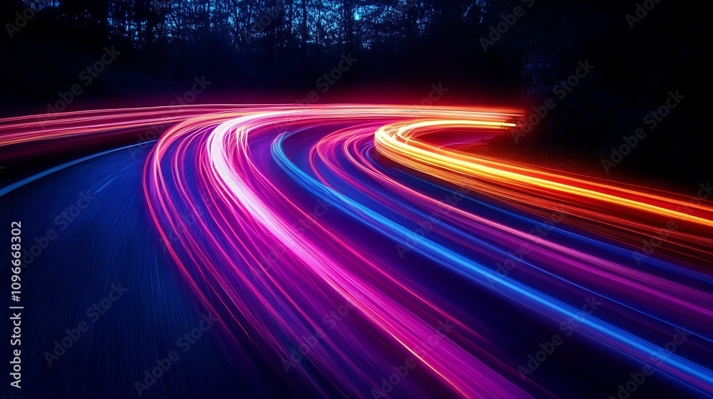 Blurred motion trails of colorful lights against a dark background symbolizing the dynamic progress speed and success of a growing business or organization Blurred motion trails of colorful lights against a dark background symbolizing the dynamic progress speed and success of a growing business or organization