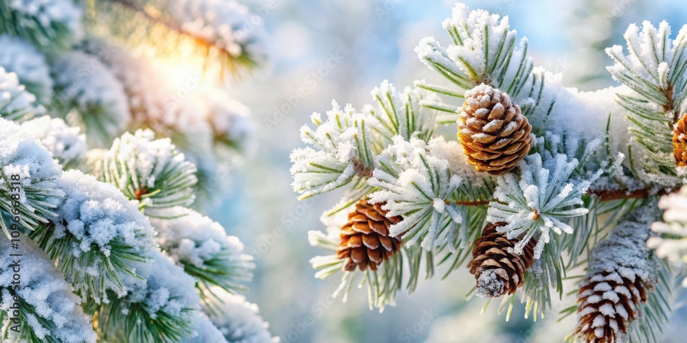 Close-up of Pine Cones and Needles Covered in a Delicate Layer of Fresh Snow with Sunlight Shining Through Close-up of Pine Cones and Needles Covered in a Delicate Layer of Fresh Snow with Sunlight Shining Through