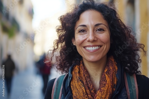 Happy middle aged Hispanic woman walking in the city.