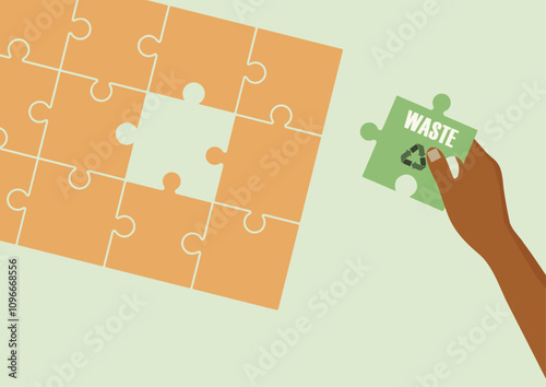 Puzzle Piece Fitting Waste Management. hand placing a green puzzle piece labeled 'waste' into a larger puzzle, symbolizing waste management solutions. Waste management. Vector illustration. Zero waste