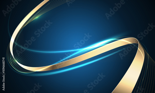 Abstract gold ribbon luxury wave curve on blue design modern creative background vector
