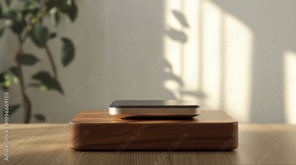 Showcasing a high-tech gadget on a wooden podium in a modern office space for innovative presentations Showcasing a high-tech gadget on a wooden podium in a modern office space for innovative presentations