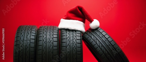 A row of four tires is adorned with a Santa hat against a festive red background, combining Christmas spirit with automotive themes. Perfect for seasonal promotions or holiday-themed automotive campai photo