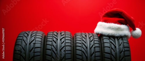 A row of four tires is adorned with a Santa hat against a festive red background, combining Christmas spirit with automotive themes. Perfect for seasonal promotions or holiday-themed automotive campai photo