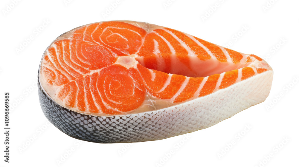Fresh raw salmon steak with bright orange flesh and skin
