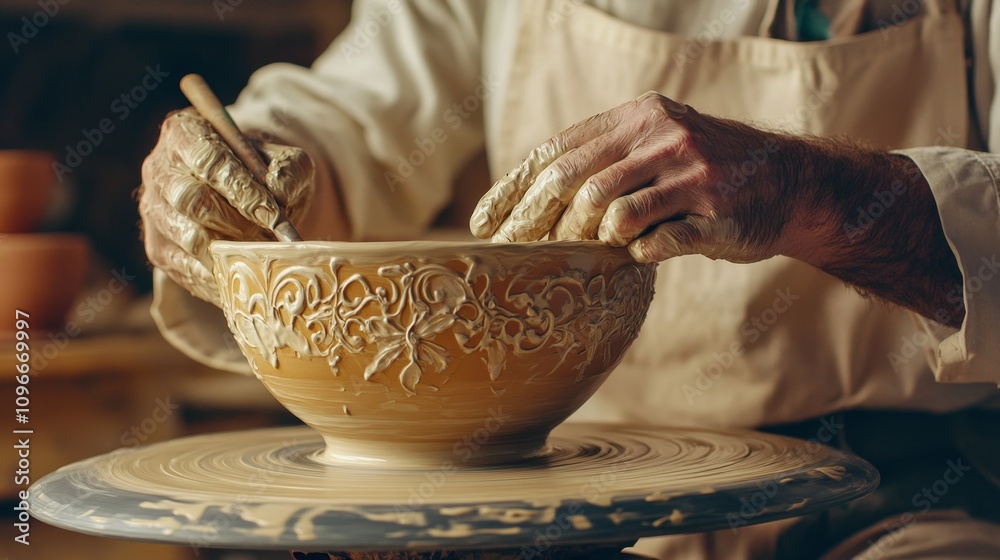 Unique Handmade Ceramic Bowl with Potter Creating Intricate Design Unique Handmade Ceramic Bowl with Potter Creating Intricate Design