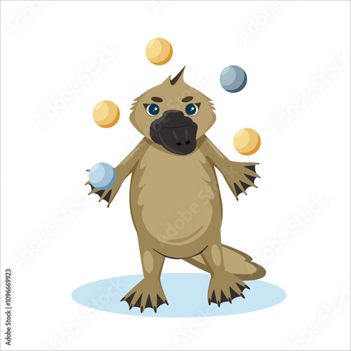 Children’s cute animal. Duck billed platypus vector illustration. Platypus juggles balls.