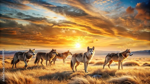 A group of wolves are seen roaming together in a vast open plain under the warm rays of sunset, wolves, faunal photography, plains, wildlife and nature, wildlife
