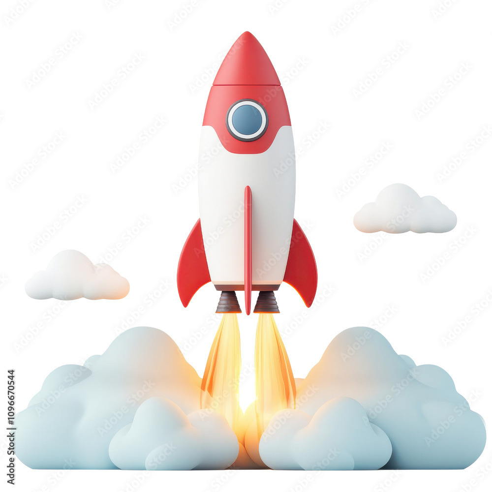 Vibrant retro rocket launch with flames and clouds in a 3D illustration, perfect for designs related to space exploration and adventure Vibrant retro rocket launch with flames and clouds in a 3D illustration, perfect for designs related to space exploration and adventure