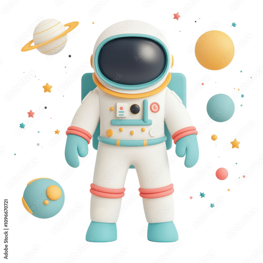 Colorful Cartoon Astronaut in Space Surrounded by Planets and Stars, Fun and Whimsical Character for Creative Projects
