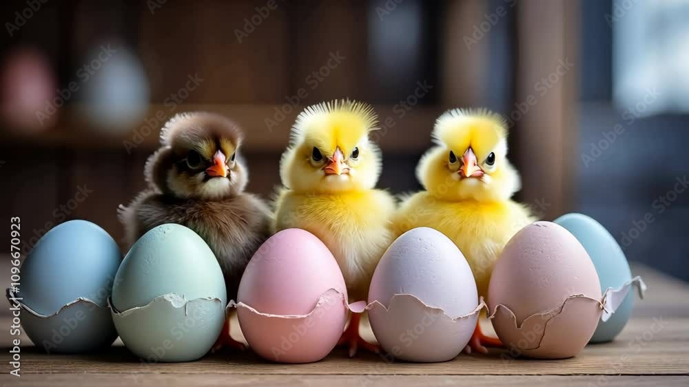 Three baby chicks sitting with pastel easter eggs