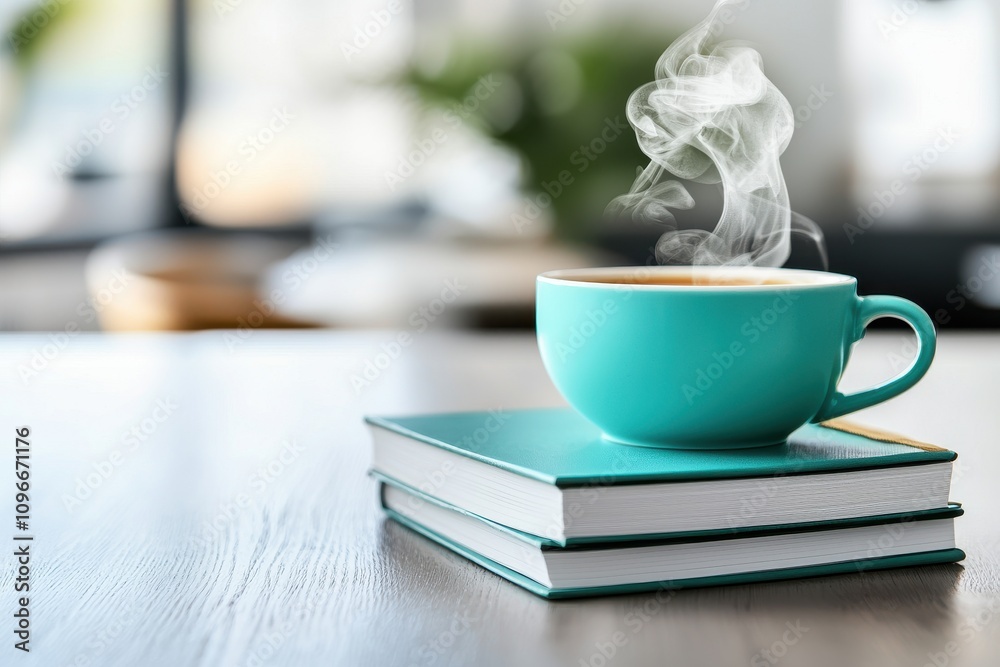 Hot Coffee in Turquoise Cup on Stack of Books with Steam Rising Hot Coffee in Turquoise Cup on Stack of Books with Steam Rising